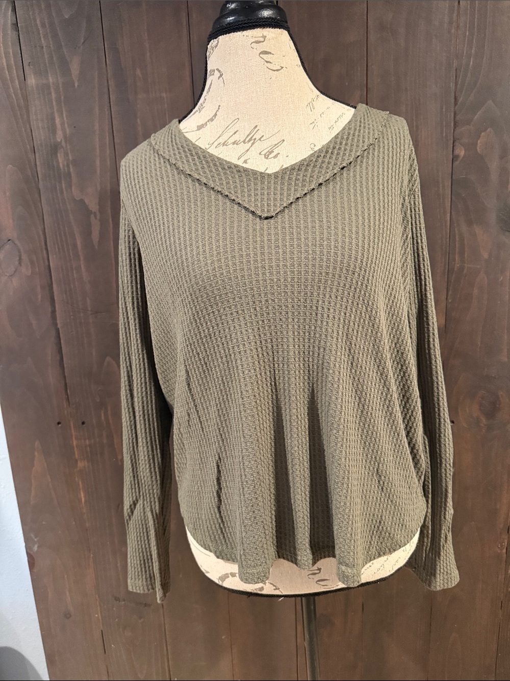 Altar'd State Olive Waffle-Knit V-Neck Long Sleeve Top